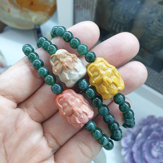 Mercy Goddess Charmed Jade Bracelet, 17 cm (Selection) | Type A Natural Jadeite Beads | Alashan Jasper Charm