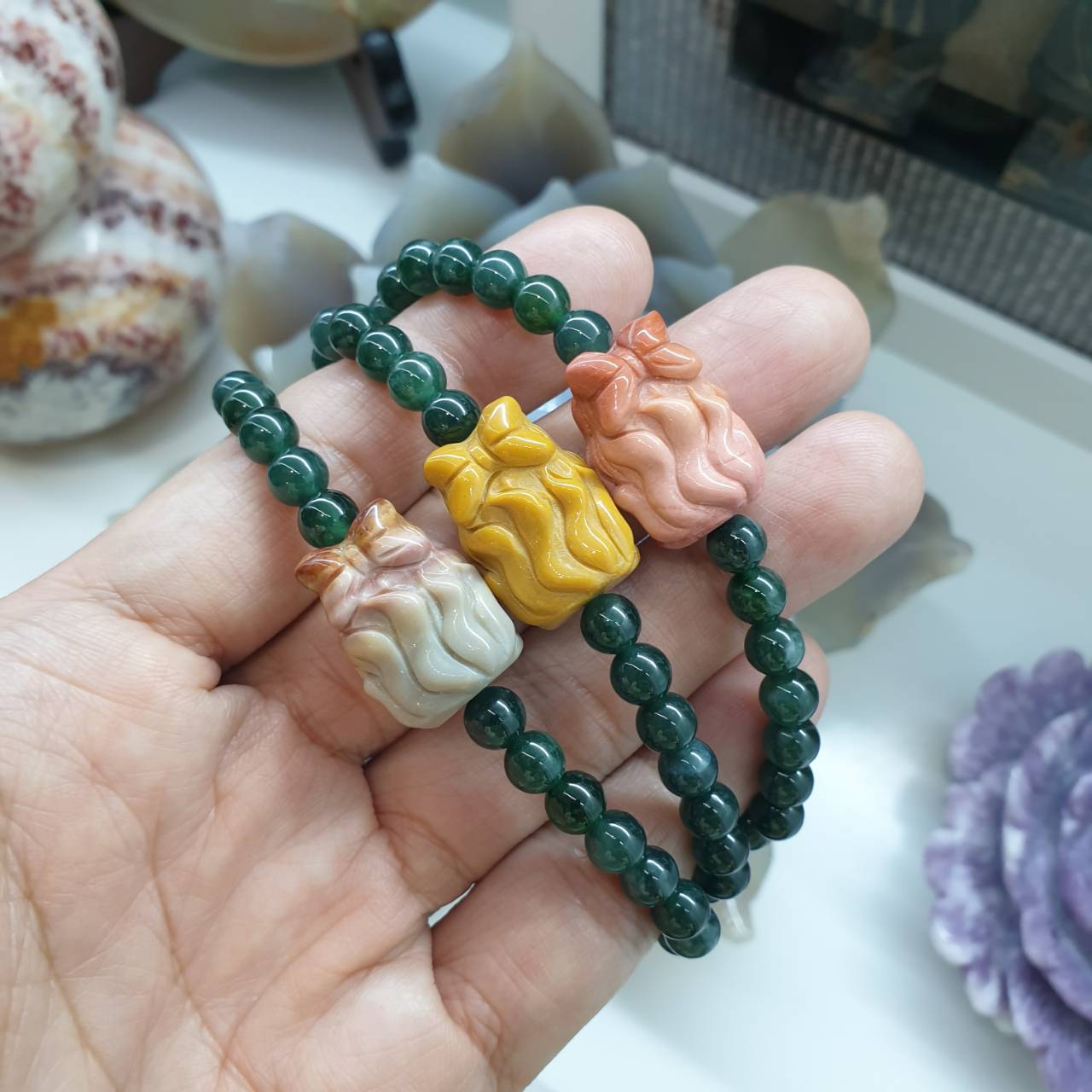 Mercy Goddess Charmed Jade Bracelet, 17 cm (Selection) | Type A Natural Jadeite Beads | Alashan Jasper Charm