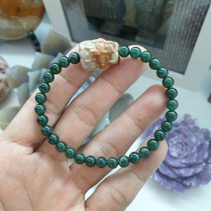 Mercy Goddess Charmed Jade Bracelet, 17 cm (Selection) | Type A Natural Jadeite Beads | Alashan Jasper Charm