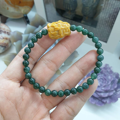 Mercy Goddess Charmed Jade Bracelet, 17 cm (Selection) | Type A Natural Jadeite Beads | Alashan Jasper Charm