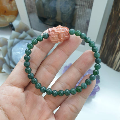 Mercy Goddess Charmed Jade Bracelet, 17 cm (Selection) | Type A Natural Jadeite Beads | Alashan Jasper Charm