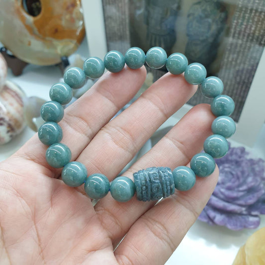 Blue Jade Wish-Fulfilling Bracelet (17 cm) | Vintage Ru Yi Bead Charm | Type A Natural Jadeite