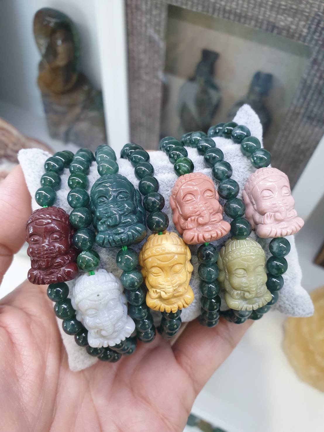Ganesha Charmed Jade Bracelet, 17 cm (Selection) | Type A Natural Jadeite Beads | Alashan Jasper Charm