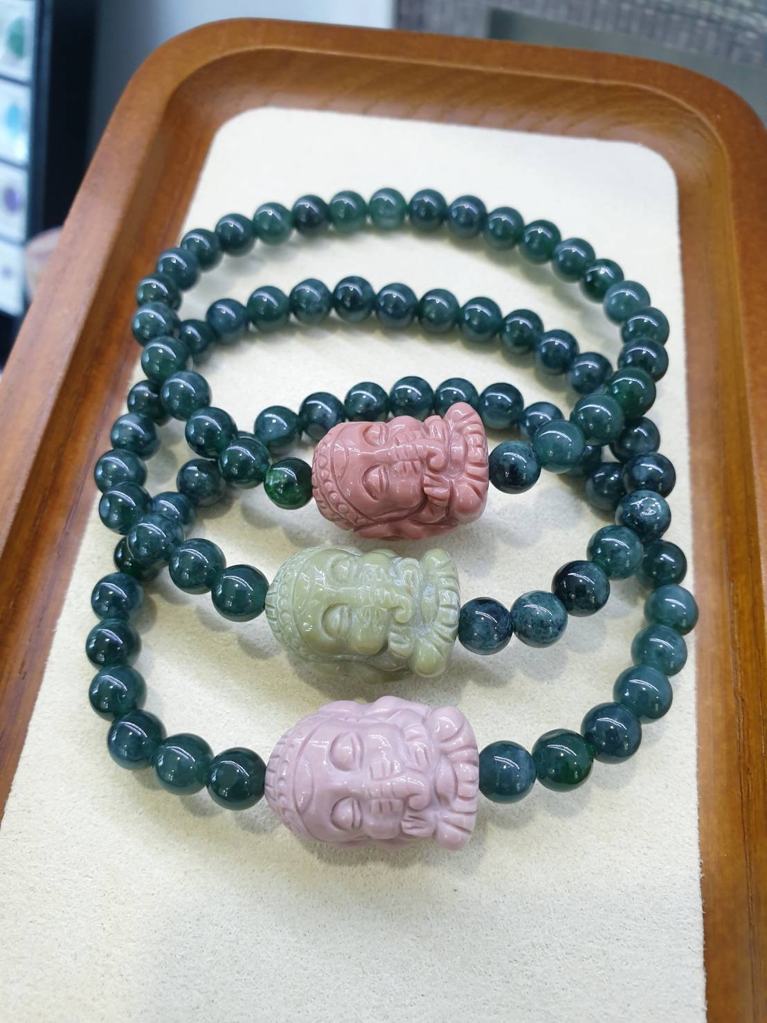 Ganesha Charmed Jade Bracelet, 17 cm (Selection) | Type A Natural Jadeite Beads | Alashan Jasper Charm
