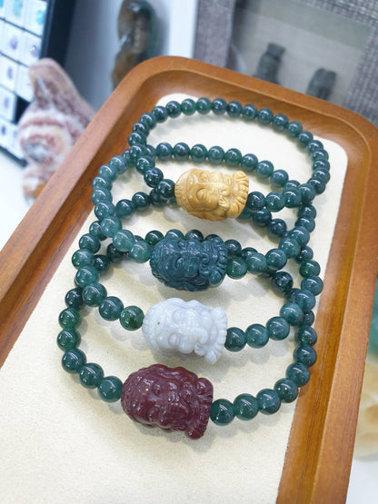 Ganesha Charmed Jade Bracelet, 17 cm (Selection) | Type A Natural Jadeite Beads | Alashan Jasper Charm
