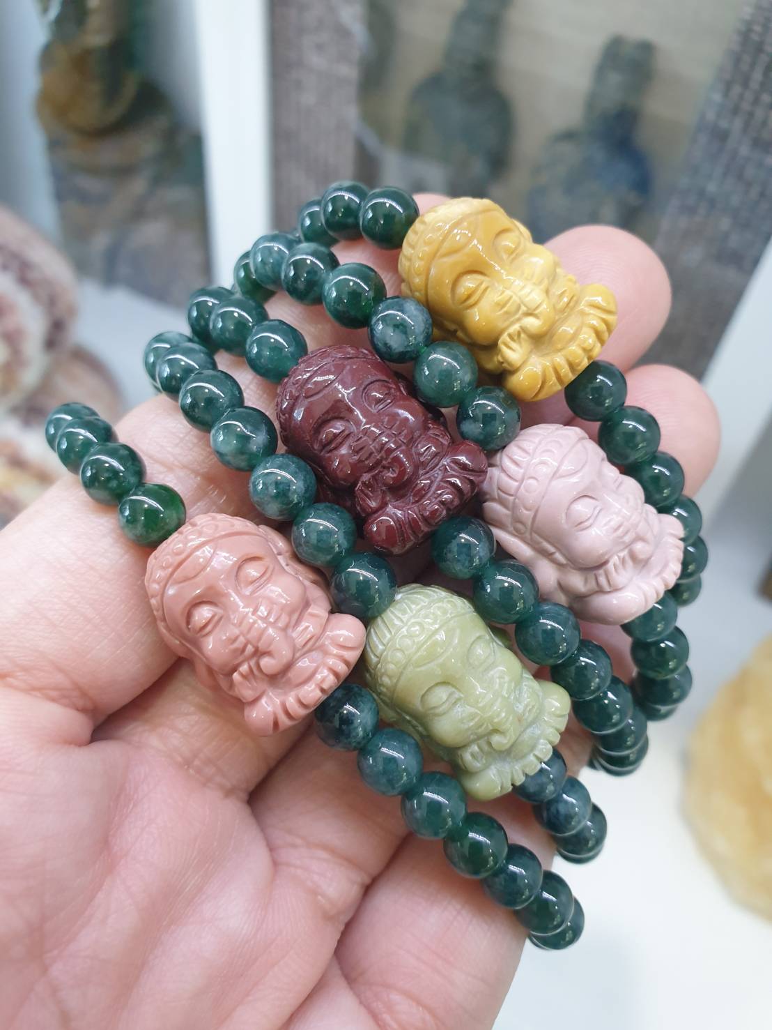 Ganesha Charmed Jade Bracelet, 17 cm (Selection) | Type A Natural Jadeite Beads | Alashan Jasper Charm