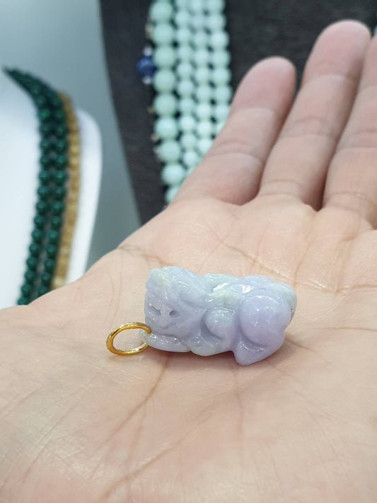 Lavender Jade Pixiu Pendant | Type A Natural Jadeite | Solid 9K Gold Bail