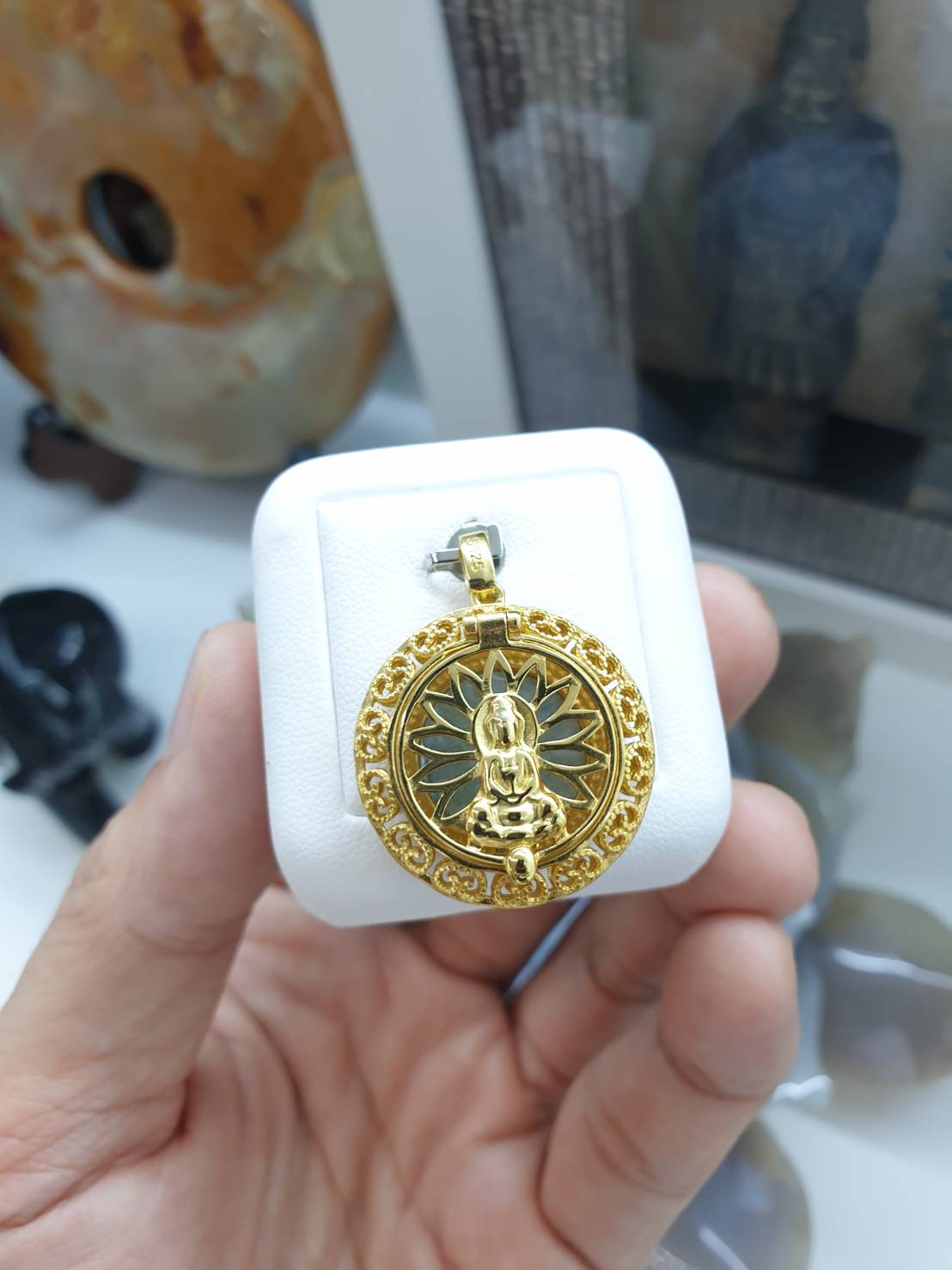 Jade in Gold Vermeil Locket Pendant Type A Natural Jadeite S925