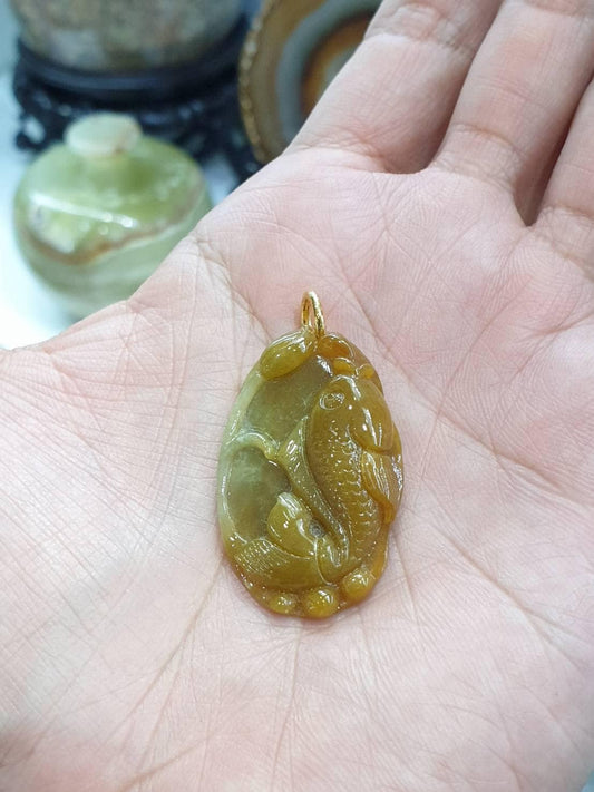 Honey Jade Koi Fish & Lotus Pendant | 9K Solid Gold & Fei Cui - Type A Jadeite | Cute Lucky Charm