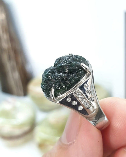 Black Jade Dragon on Sterling Silver Ring (Sizes 8 & 8.5 US) | Authentic Type A Jade | His or Hers Power Ring