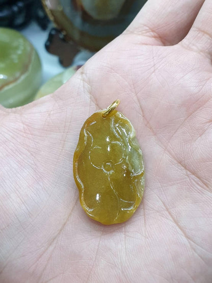 Honey Jade Koi Fish & Lotus Pendant | 9K Solid Gold & Fei Cui - Type A Jadeite | Cute Lucky Charm