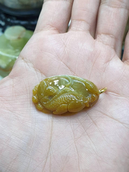 Honey Jade Koi Fish & Lotus Pendant | 9K Solid Gold & Fei Cui - Type A Jadeite | Cute Lucky Charm