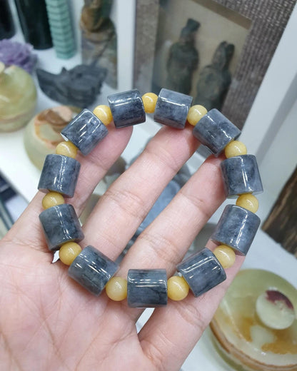 Jade Cylinder Beads Bracelet (17 cm) | Fei Cui - Type A Gray Jadeite | His or Hers Statement Wristcandy