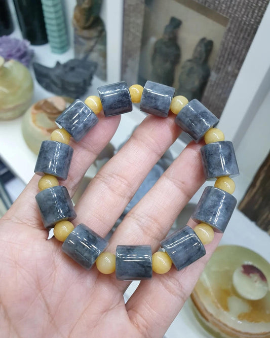 Jade Cylinder Beads Bracelet (17 cm) | Fei Cui - Type A Gray Jadeite | His or Hers Statement Wristcandy