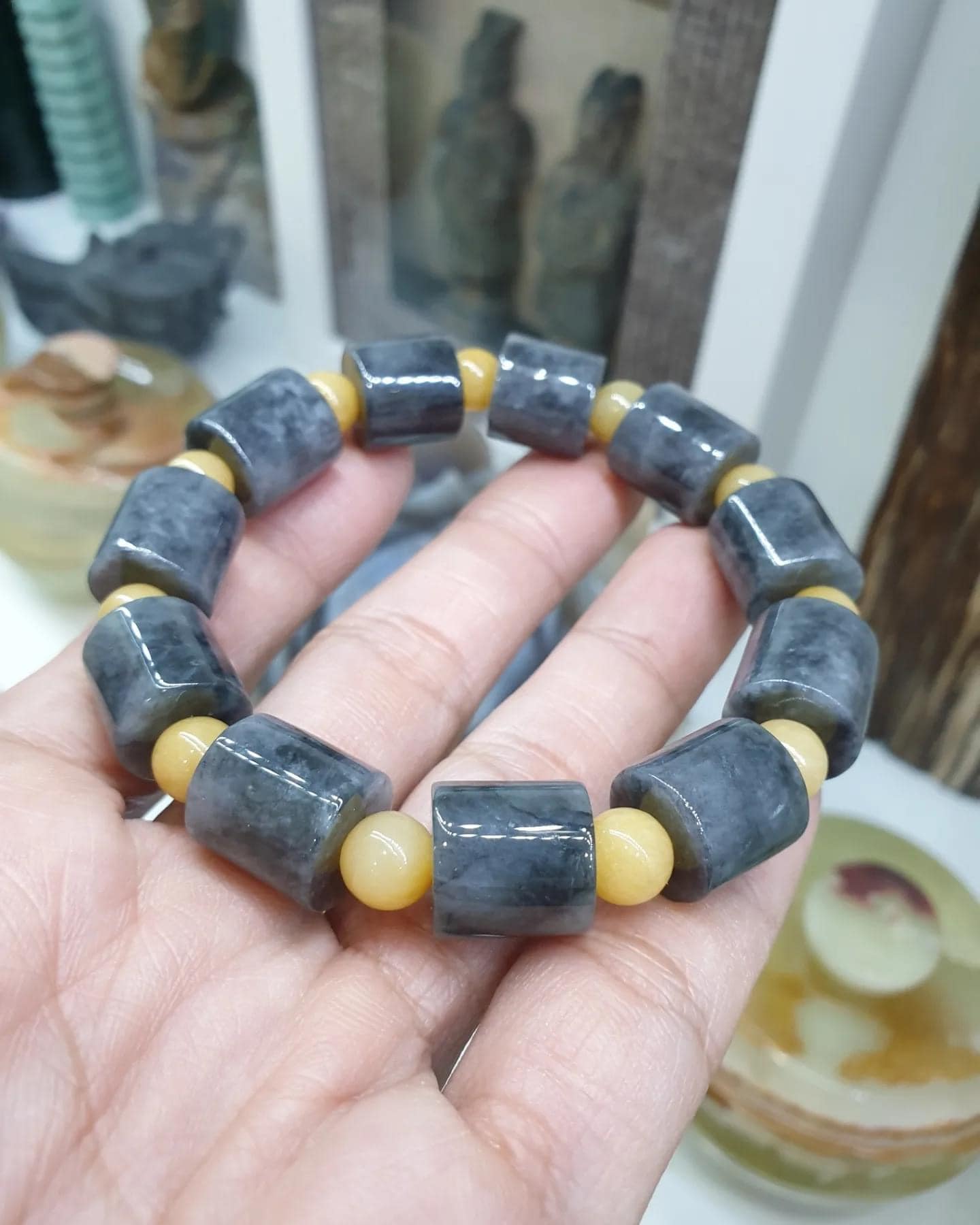 Jade Cylinder Beads Bracelet (17 cm) | Fei Cui - Type A Gray Jadeite | His or Hers Statement Wristcandy