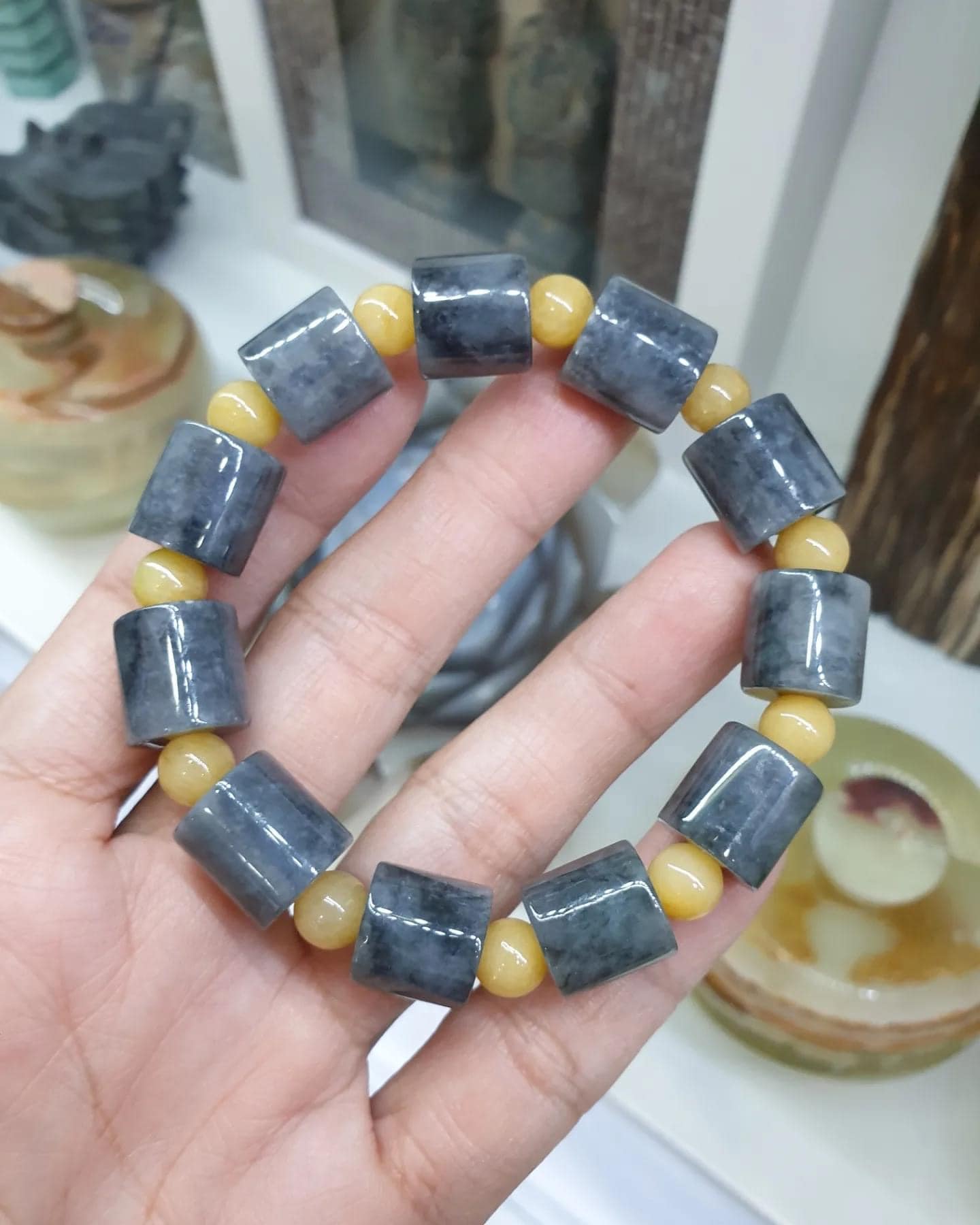 Jade Cylinder Beads Bracelet (17 cm) | Fei Cui - Type A Gray Jadeite | His or Hers Statement Wristcandy