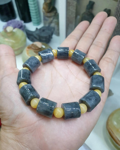 Jade Cylinder Beads Bracelet (17 cm) | Fei Cui - Type A Gray Jadeite | His or Hers Statement Wristcandy