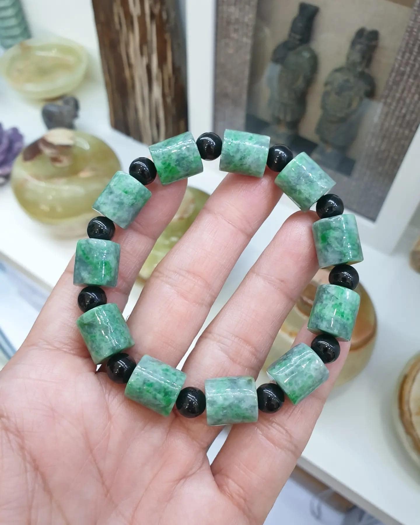 Jade Cylinder Beads Bracelets (18 cm) | Mottled Green, Type A Natural Jadeite | His or Hers Wrist Accessories