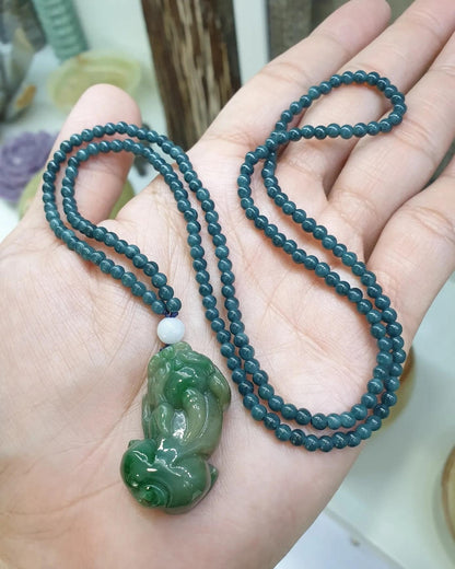 Jade Pixiu on Blue Jade beaded Necklace (24") | Fei Cui Type A Jadeite | His or Hers Fortune Necklace