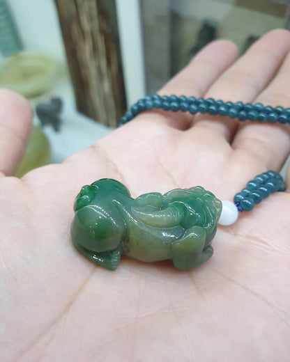 Jade Pixiu on Blue Jade beaded Necklace (24") | Fei Cui Type A Jadeite | His or Hers Fortune Necklace