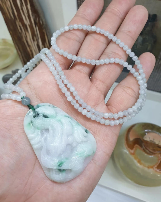 Lavender Jade Dragon on Icy White Jade beaded Necklace (24 inch +)
