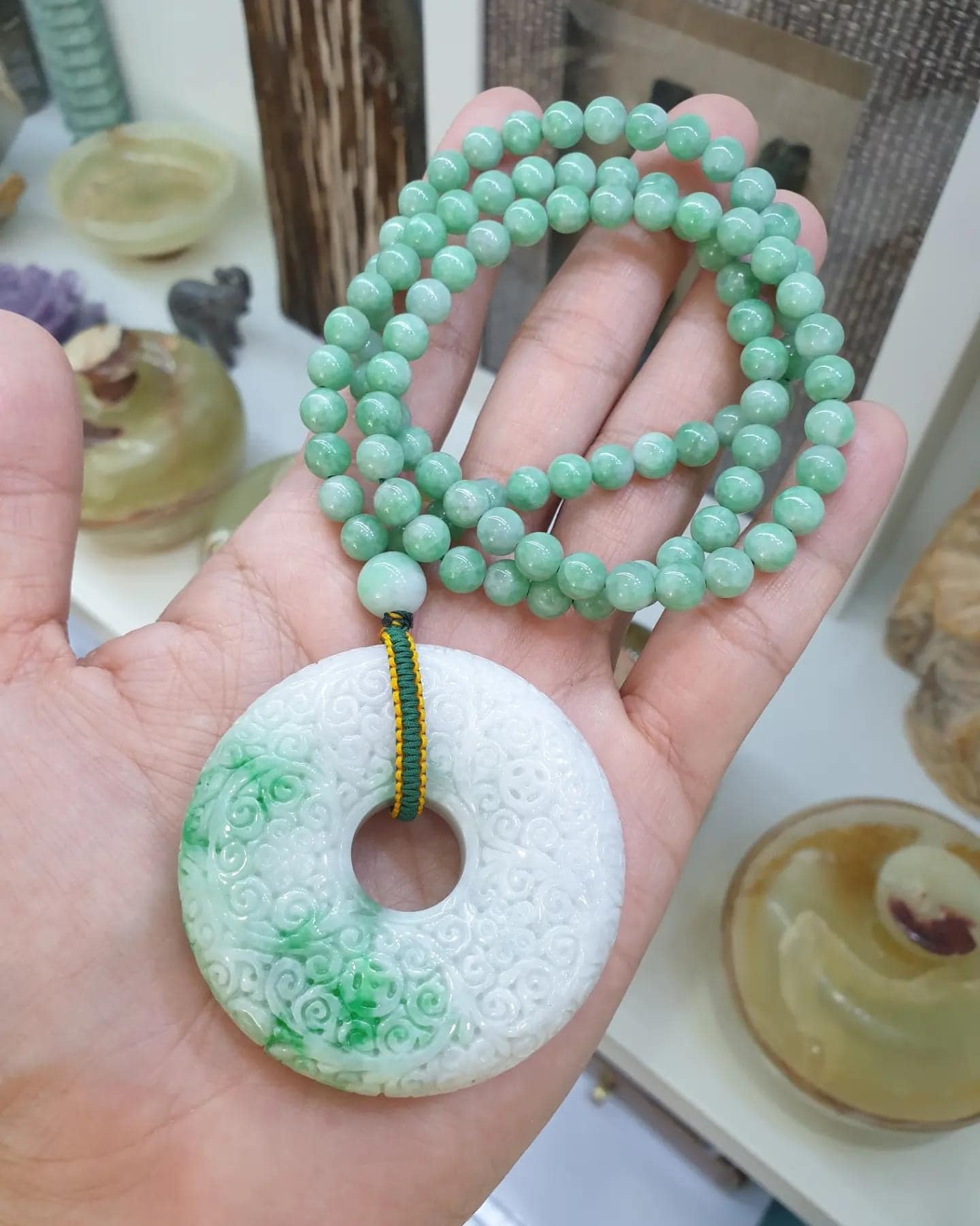 Ru Yi - Bi Disc on Jade Beaded Necklace (24") | Fei Type A Jadeite | His or Hers Statement Jewelry