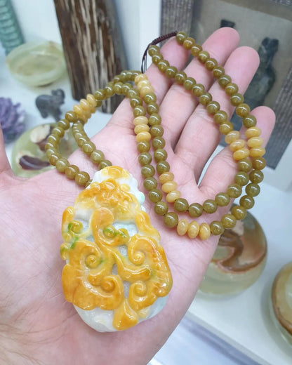 Vintage Jade Pixiu on Honey Jade beaded Necklace (26") | Fei Cui Type A Jadeite | His or Hers Statement Jewelry