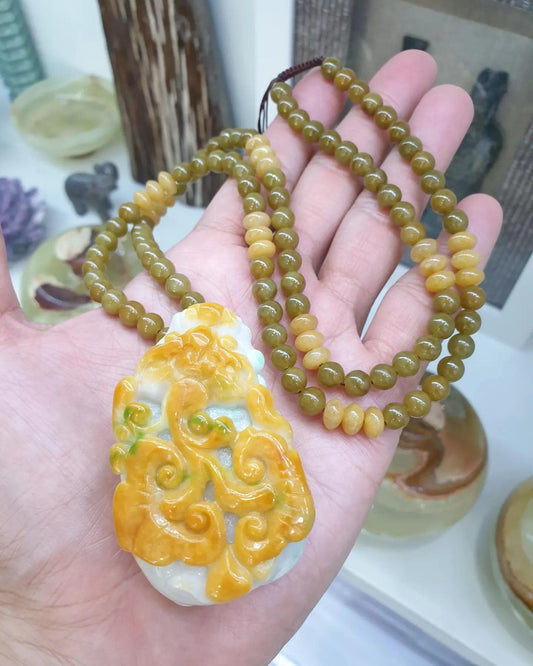 Vintage Jade Pixiu on Honey Jade beaded Necklace (26") | Fei Cui Type A Jadeite | His or Hers Statement Jewelry