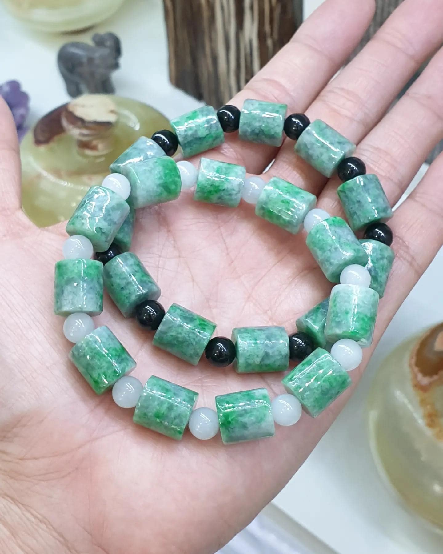 Jade Cylinder Beads Bracelets (18 cm) | Mottled Green, Type A Natural Jadeite | His or Hers Wrist Accessories