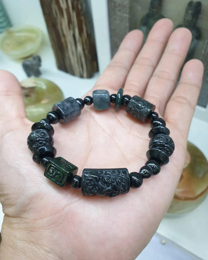 Natural Black Jade 17cm Bracelet - Type A Jadeite Mixed Beads