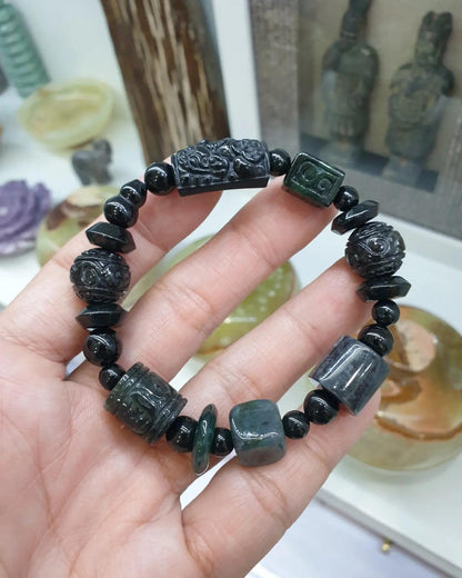 Natural Black Jade 17cm Bracelet - Type A Jadeite Mixed Beads