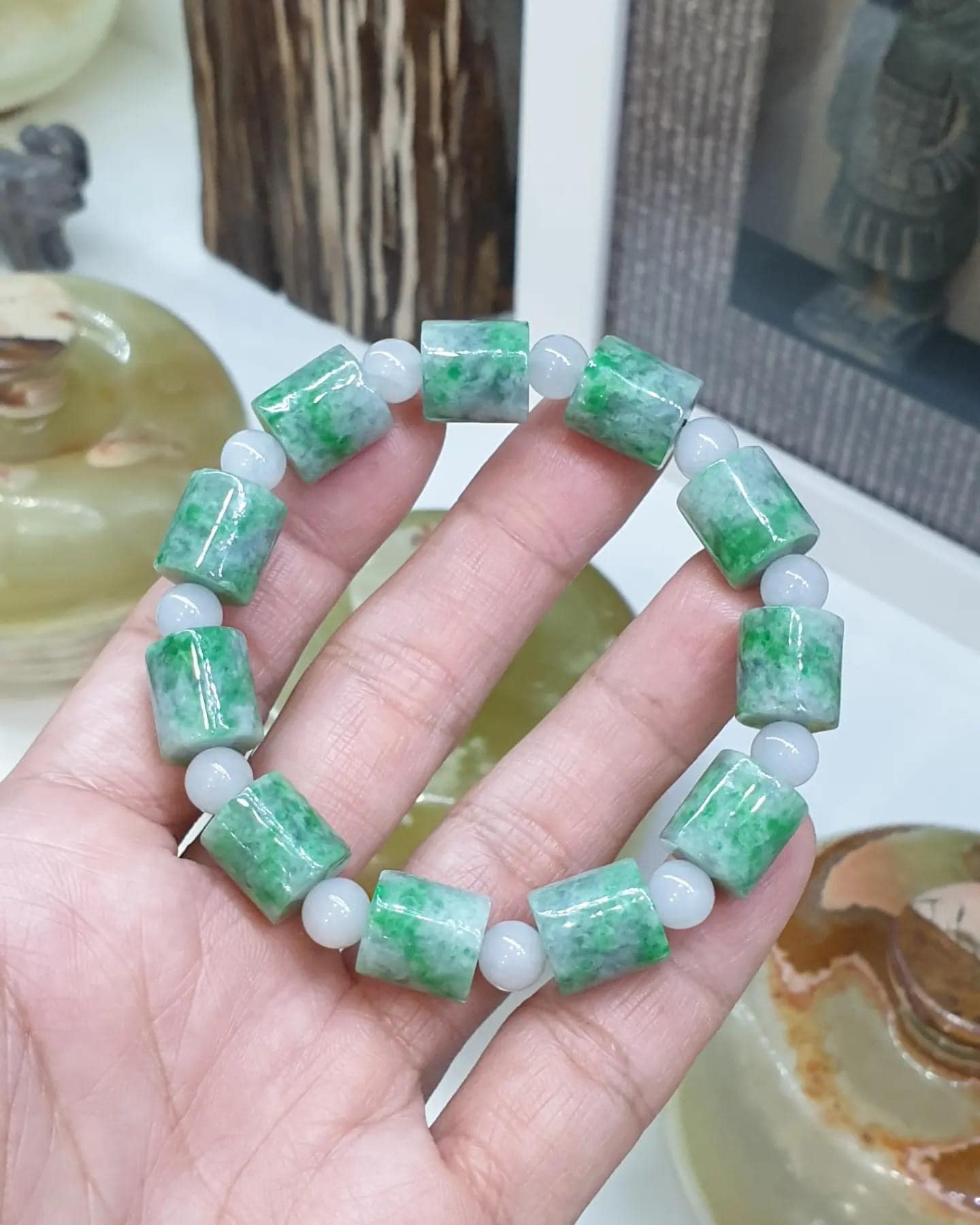 Jade Cylinder Beads Bracelets (18 cm) | Mottled Green, Type A Natural Jadeite | His or Hers Wrist Accessories
