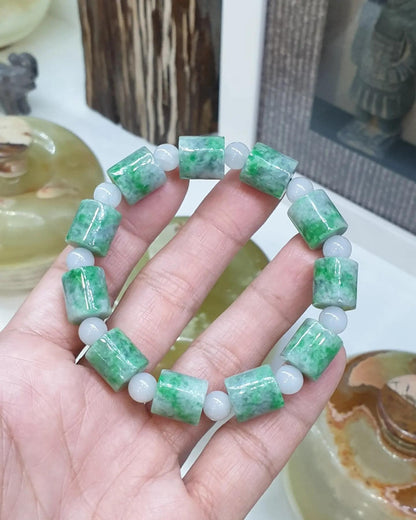 Jade Cylinder Beads Bracelets (18 cm) | Mottled Green, Type A Natural Jadeite | His or Hers Wrist Accessories