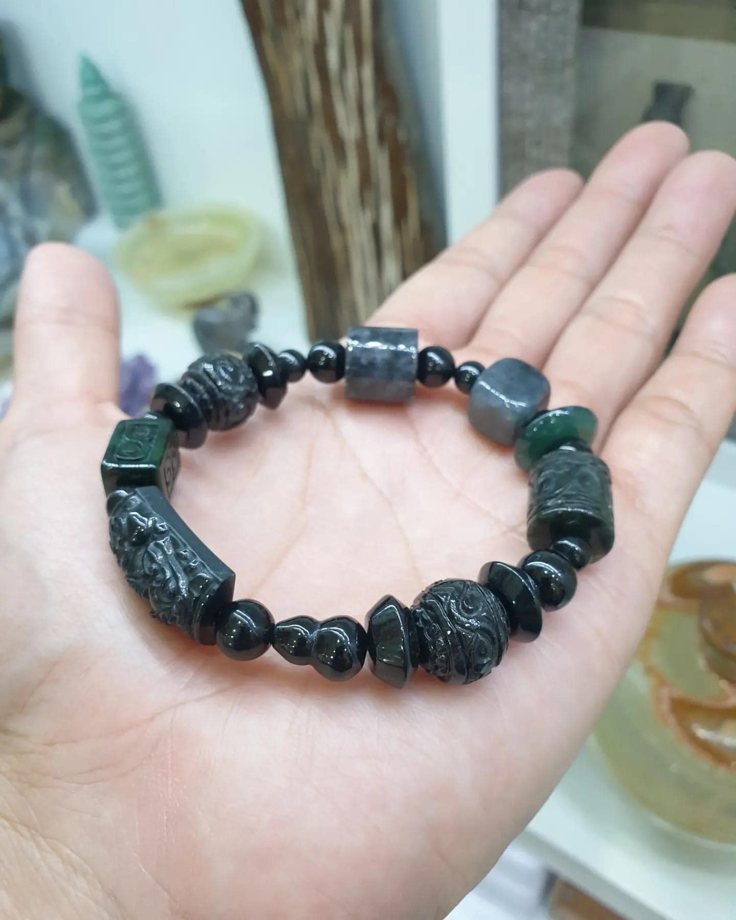 Natural Black Jade 17cm Bracelet - Type A Jadeite Mixed Beads