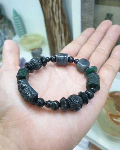 Natural Black Jade 17cm Bracelet - Type A Jadeite Mixed Beads