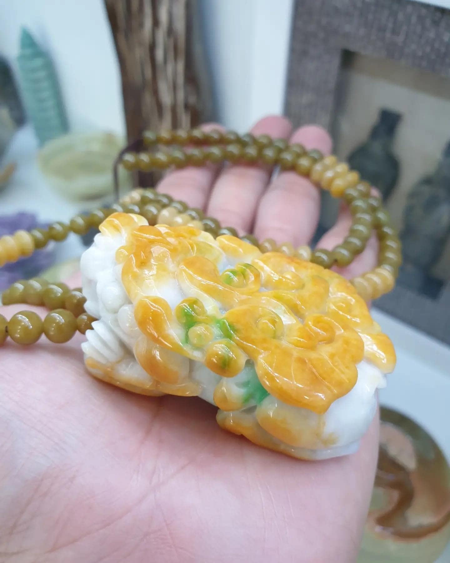 Vintage Jade Pixiu on Honey Jade beaded Necklace (26") | Fei Cui Type A Jadeite | His or Hers Statement Jewelry