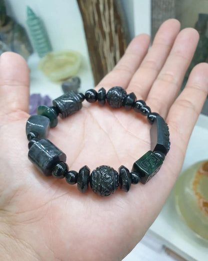 Natural Black Jade 17cm Bracelet - Type A Jadeite Mixed Beads