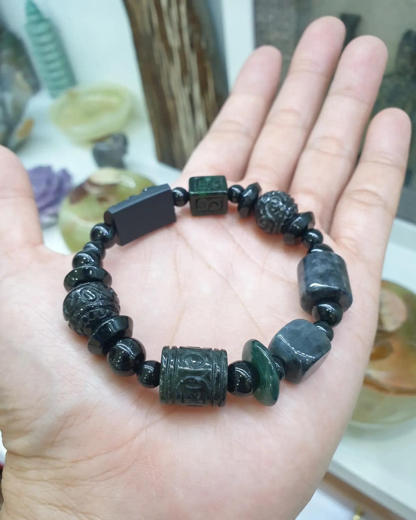 Natural Black Jade 17cm Bracelet - Type A Jadeite Mixed Beads