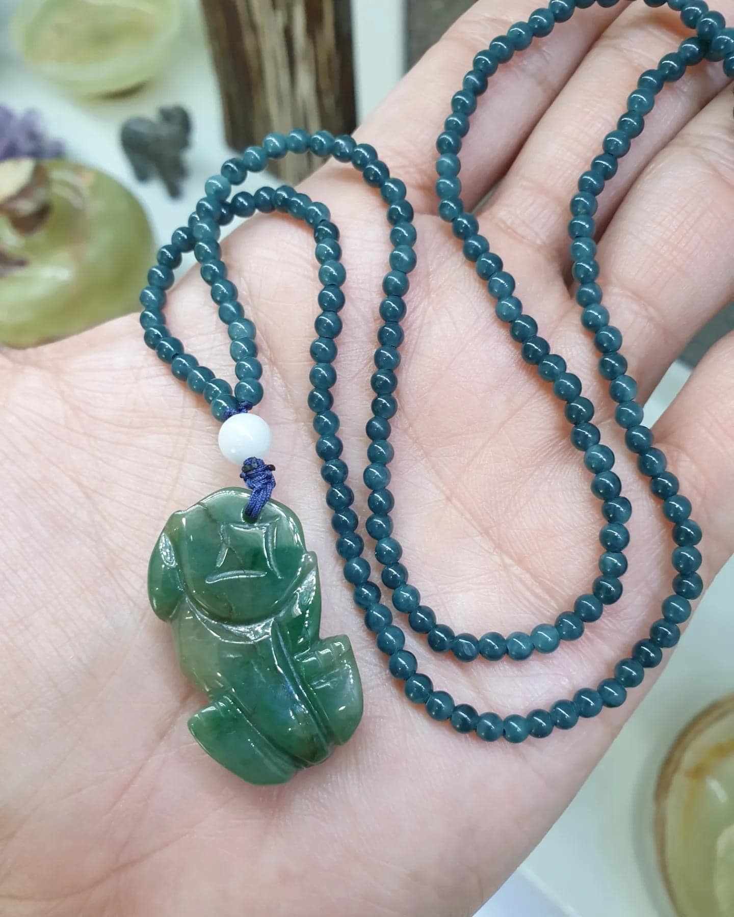 Jade Pixiu on Blue Jade beaded Necklace (24") | Fei Cui Type A Jadeite | His or Hers Fortune Necklace