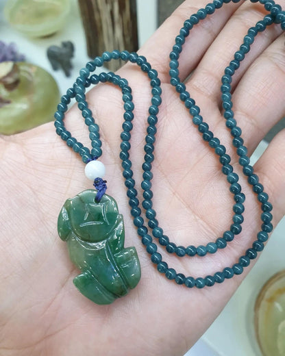Jade Pixiu on Blue Jade beaded Necklace (24") | Fei Cui Type A Jadeite | His or Hers Fortune Necklace