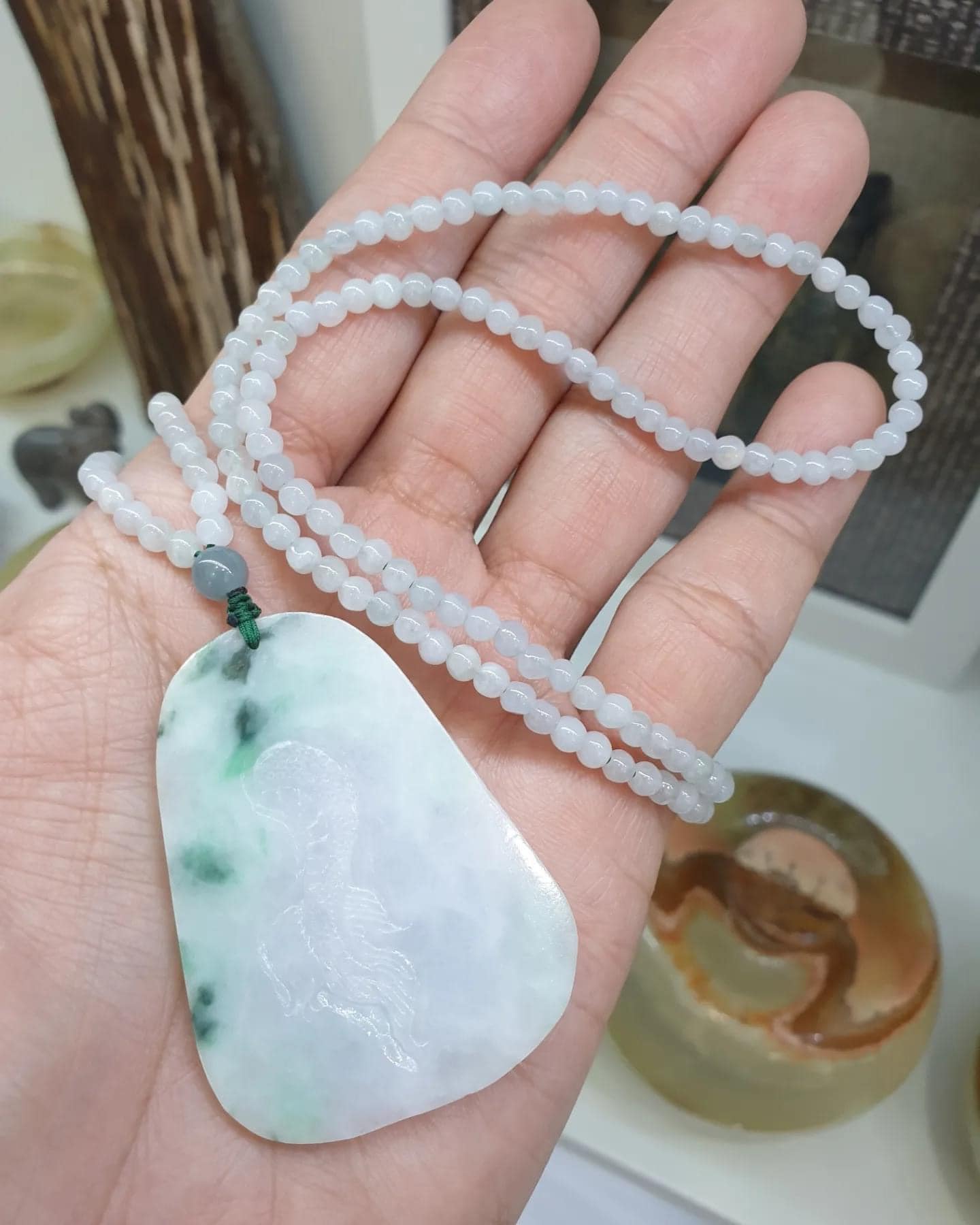 Lavender Jade Dragon on Icy White Jade beaded Necklace (24 inch +)