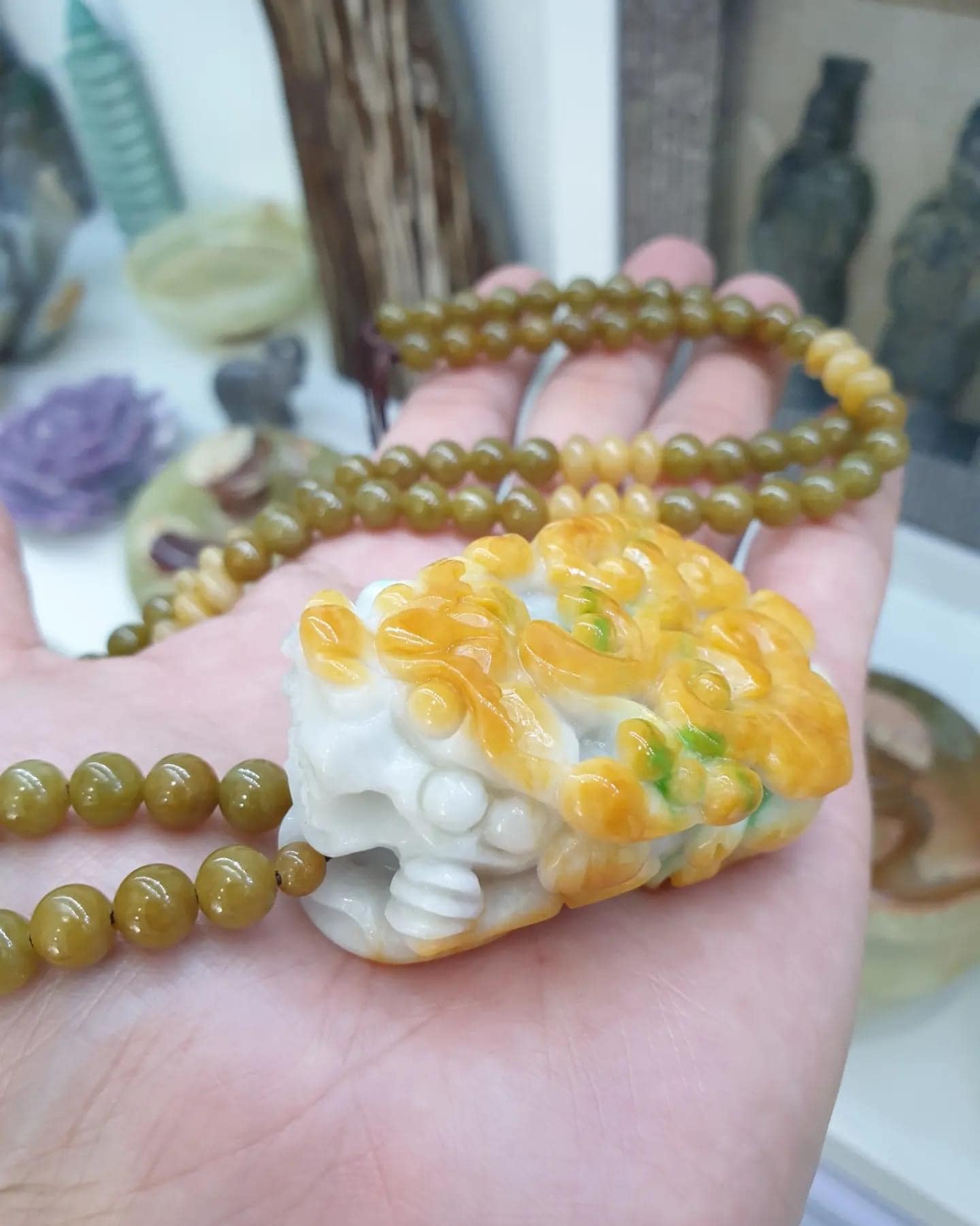 Vintage Jade Pixiu on Honey Jade beaded Necklace (26") | Fei Cui Type A Jadeite | His or Hers Statement Jewelry