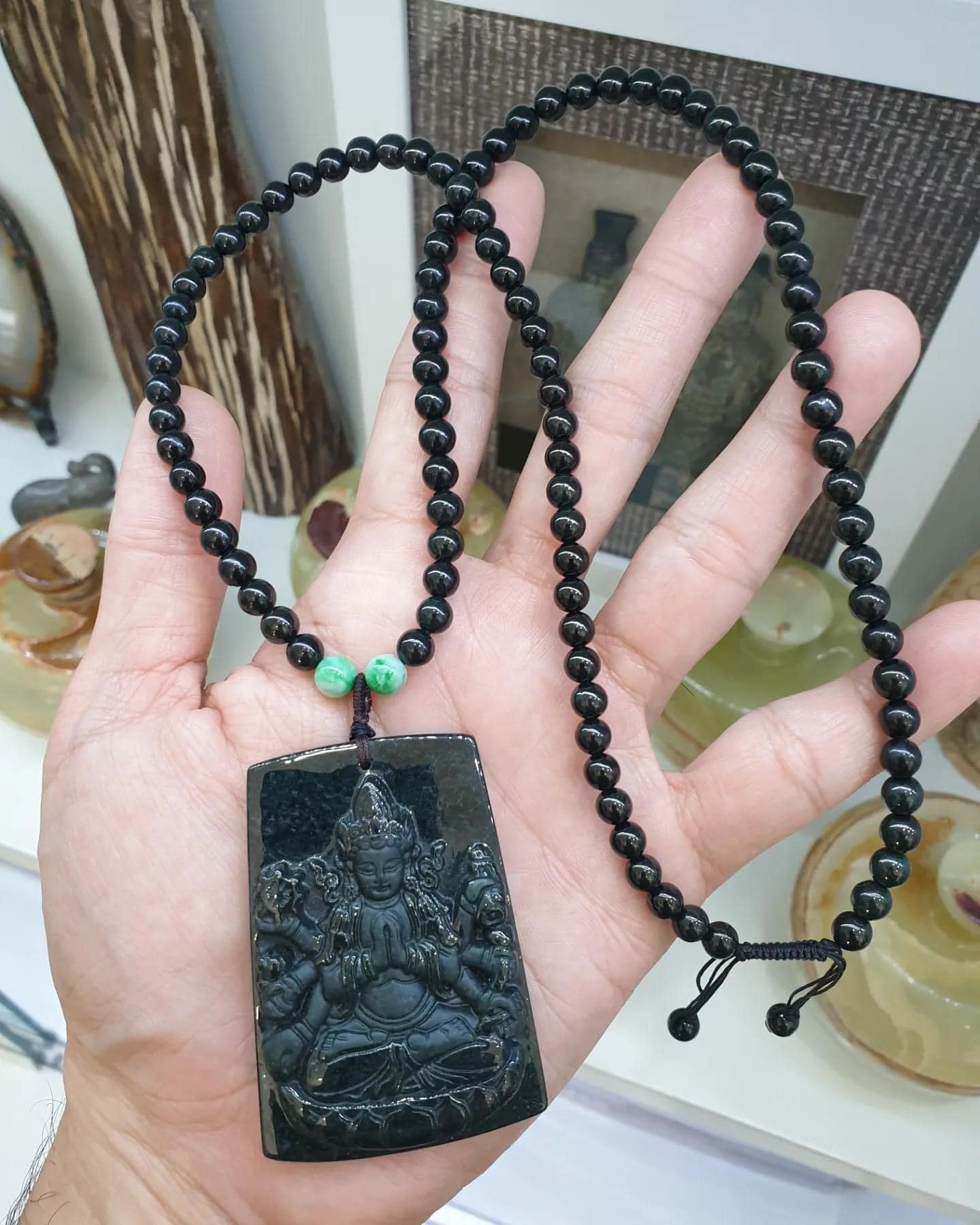 Black Jade Guishan Guan Yin Beaded Necklace (24") | Original Type A Jade | His or Hers Statement Necklace
