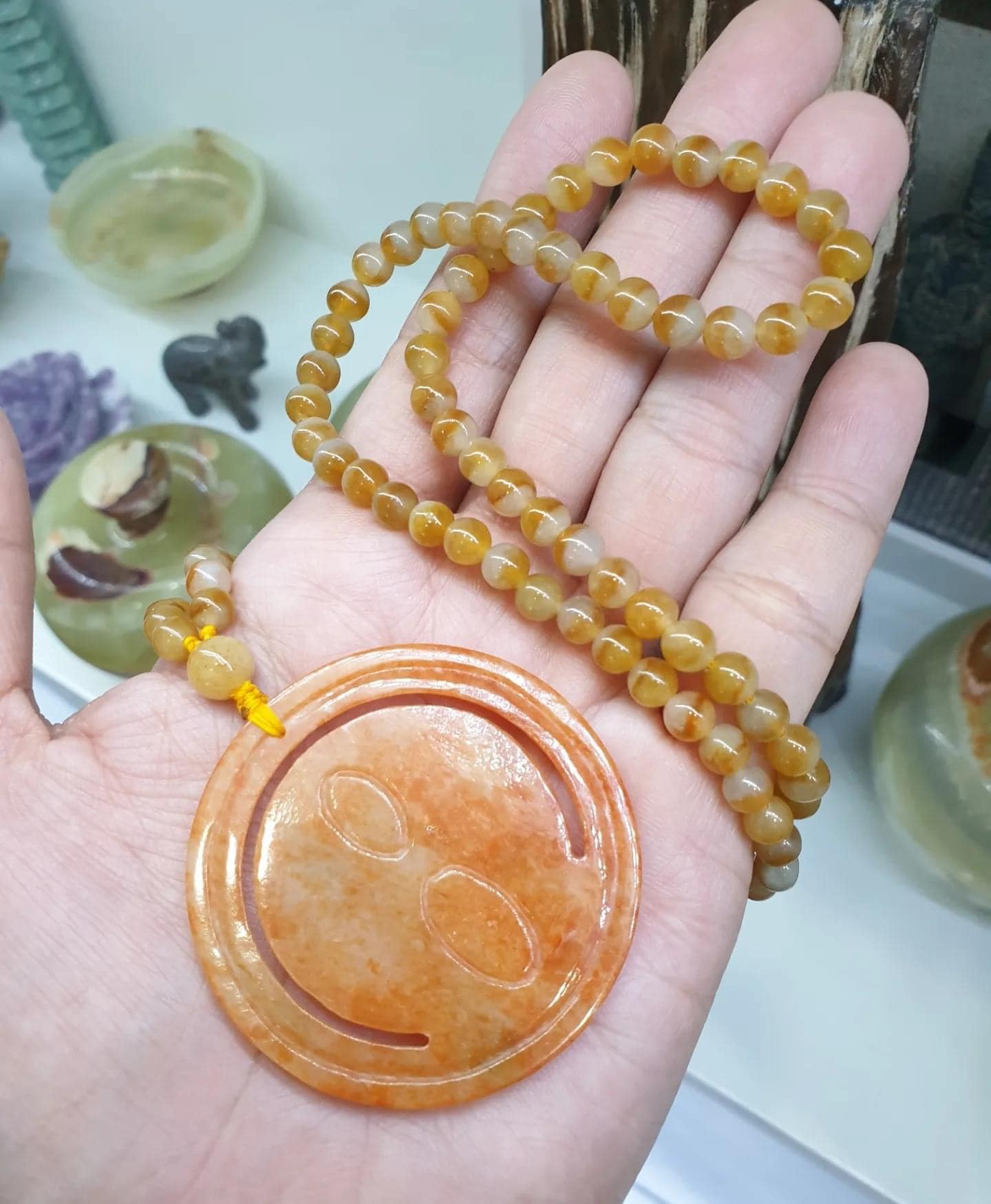 Orange Jade Guan Yin on Honey Jade Beaded Necklace (24") | Fei Cui Type A Jadeite | His or Hers Statement Jewelry