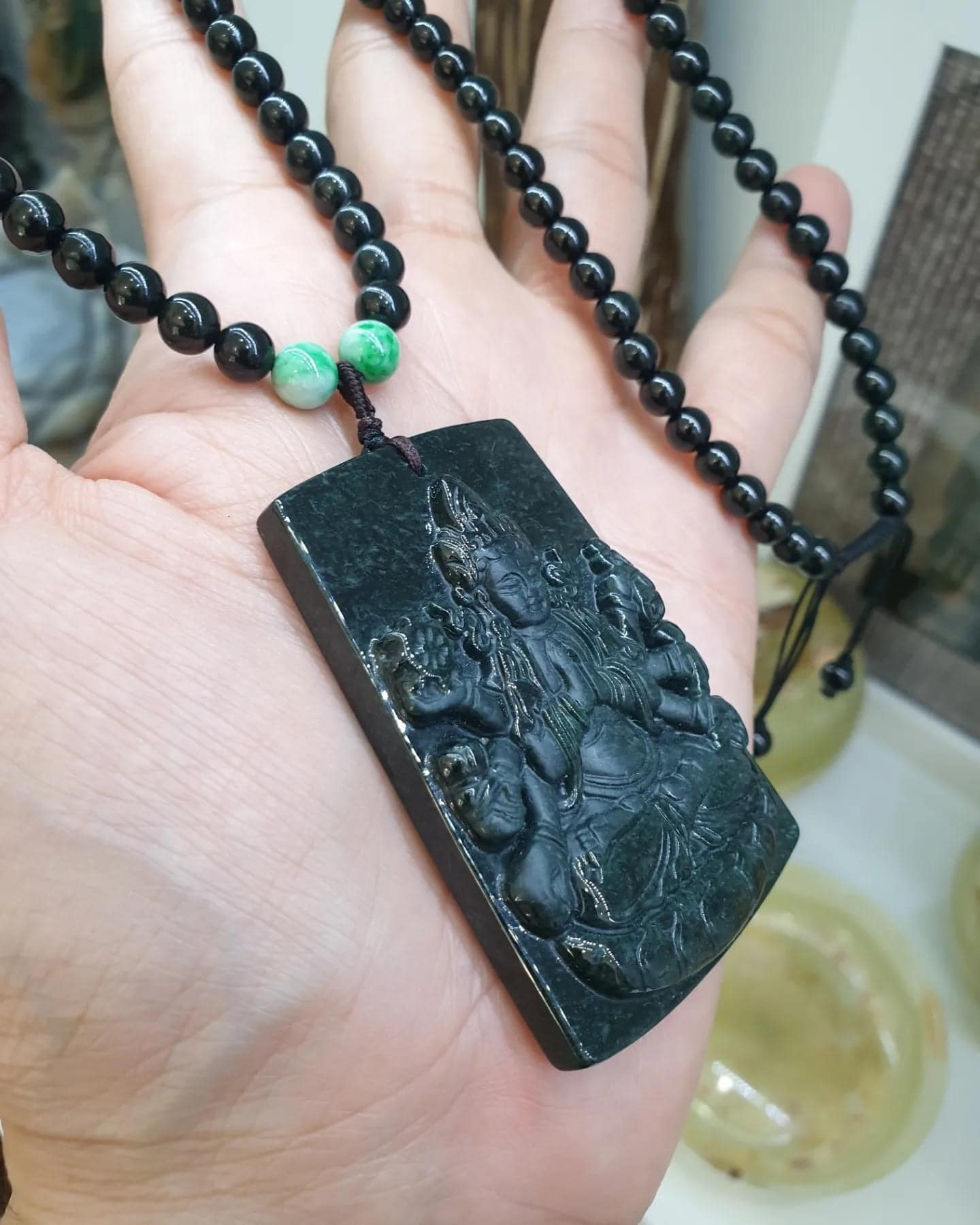 Black Jade Guishan Guan Yin Beaded Necklace (24") | Original Type A Jade | His or Hers Statement Necklace