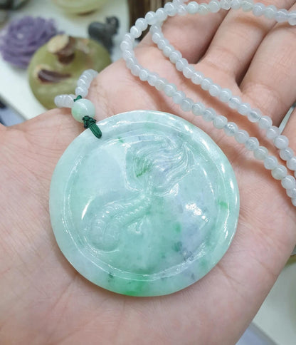 Dragon on Icy White Jade Beaded Necklace (24") | Fei Cui Type A Jadeite