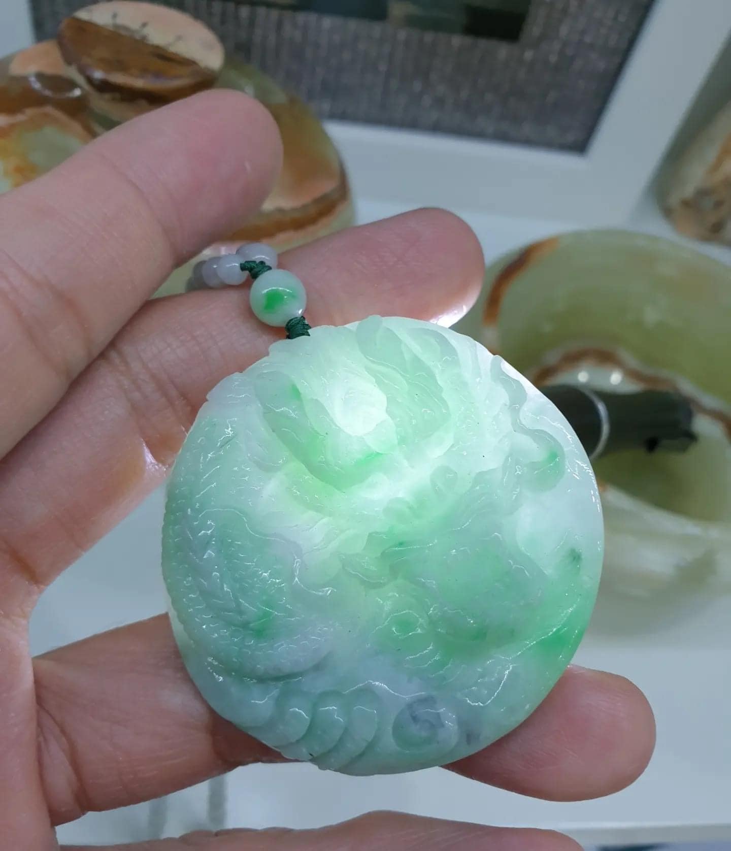 Dragon on Icy White Jade Beaded Necklace (24") | Fei Cui Type A Jadeite