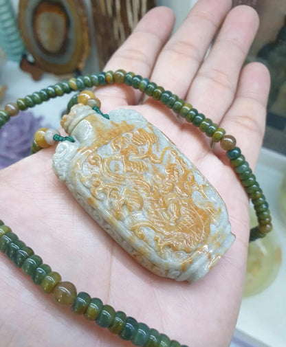 Dragon Phoenix Jade SnuffBottle on Abacus Beaded Necklace (24") | Fei Cui Type A Jadeite | His or Hers Statement Jewelry
