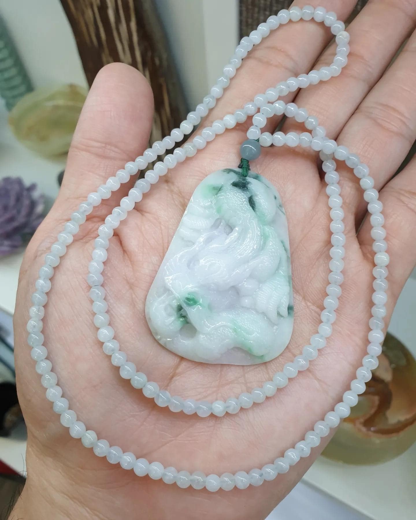 Lavender Jade Dragon on Icy White Jade beaded Necklace (24 inch +)