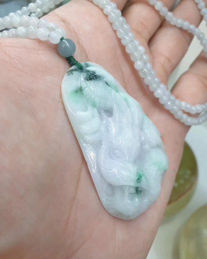 Lavender Jade Dragon on Icy White Jade beaded Necklace (24 inch +)
